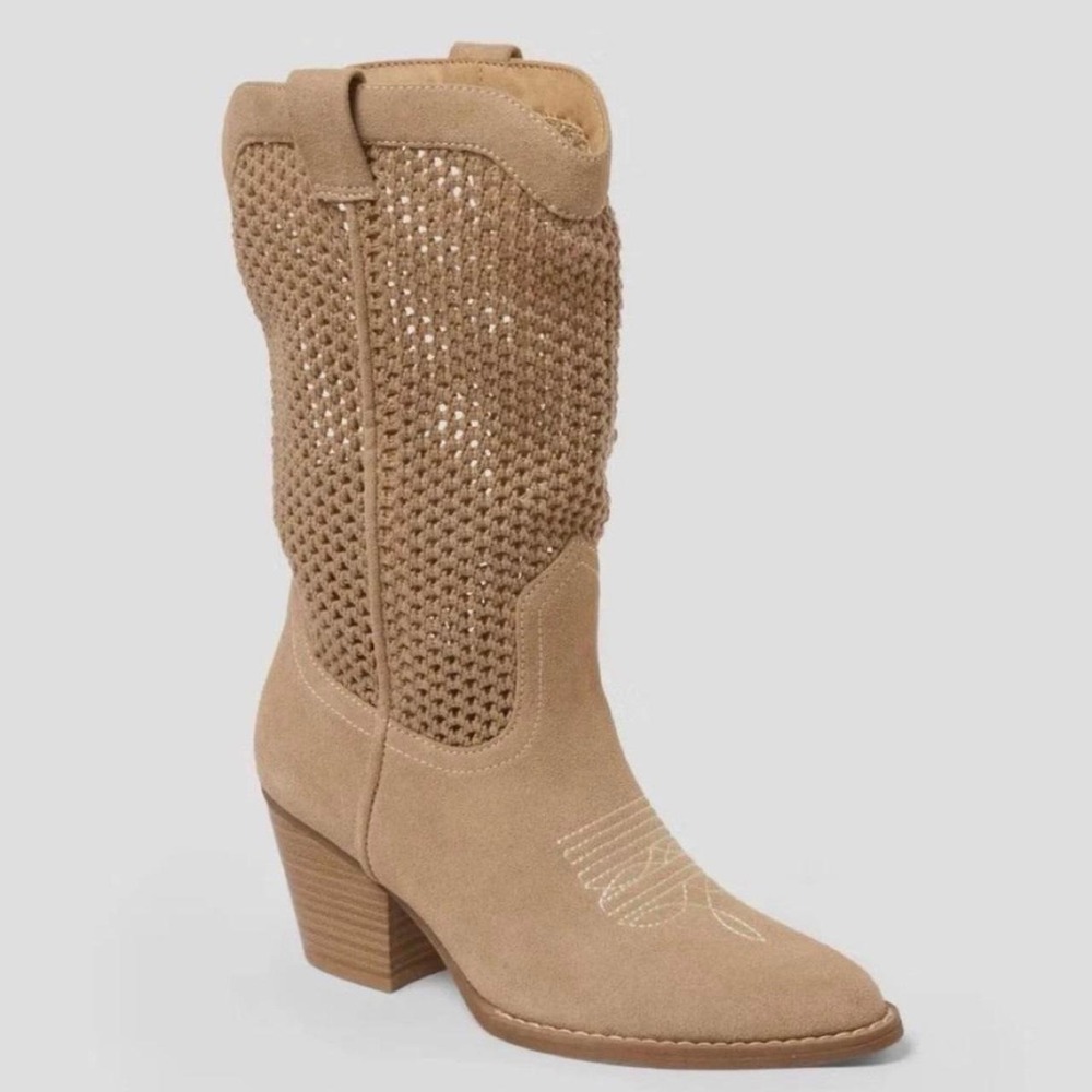 Universal Thread Shana Tan Crochet Mesh Western Cowboy Boots Pointed Toe Size 8